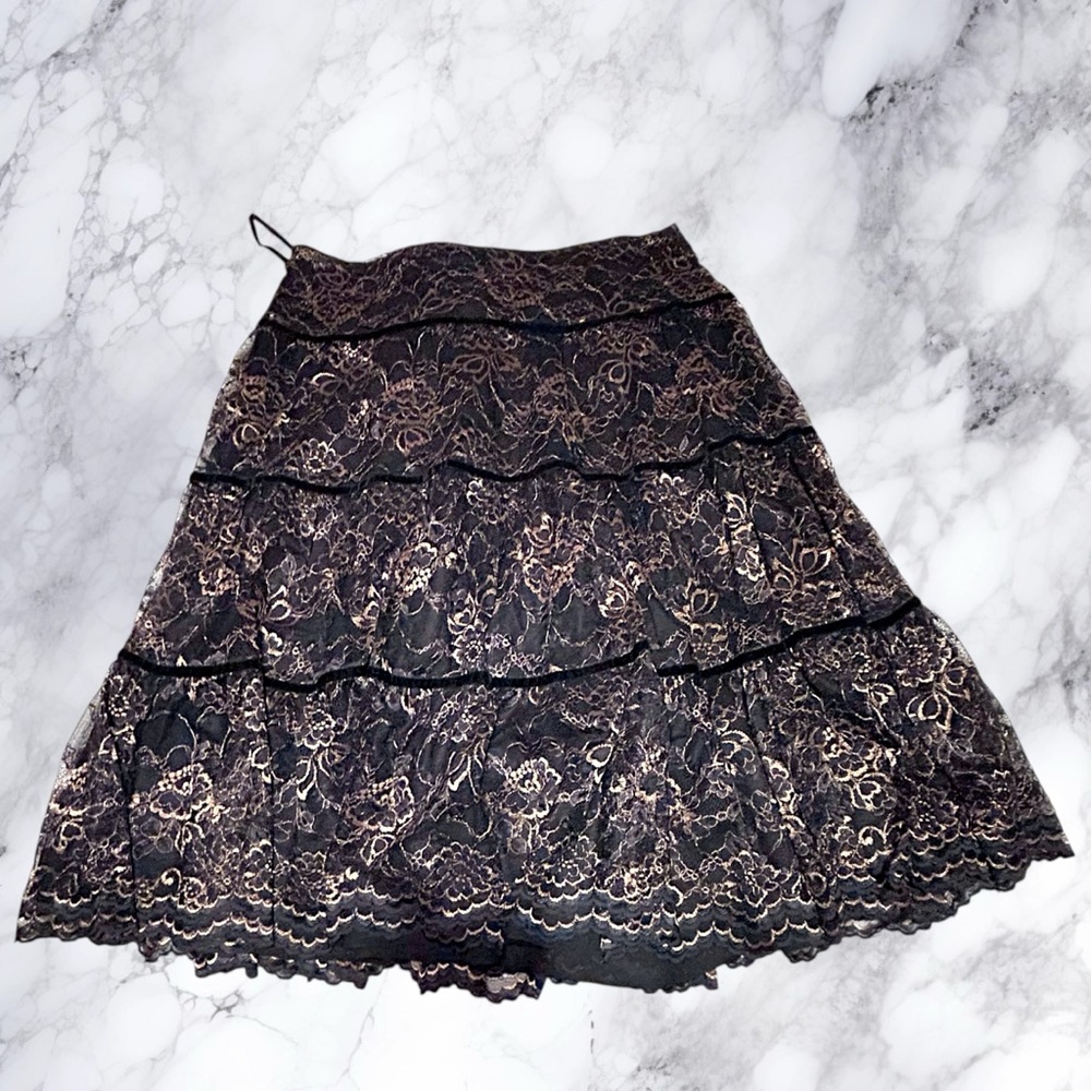 LAUREN RALPH LAUREN Skirt Womens 14 Black Gold Lace Tier MIDI Cocktail
